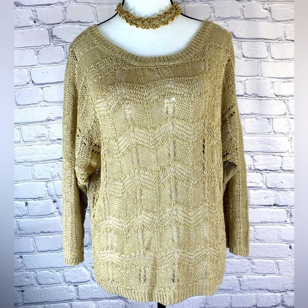 Lucky Brand Gold Loose Knit Boho Bohemian Crew Neck Sweater size Large EUC